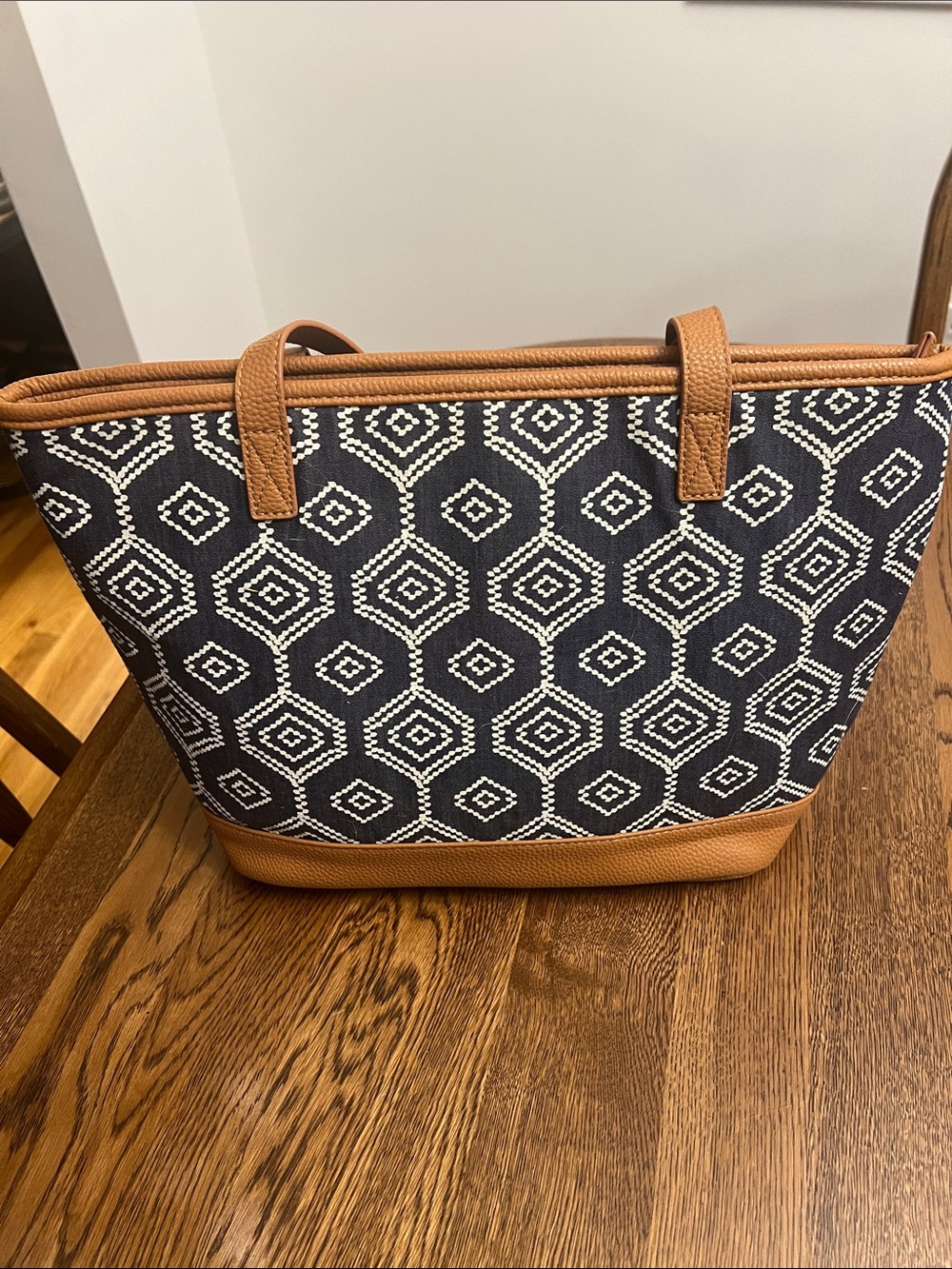 thirty-one Navy and White Geo-Print Tote with Brown Trim